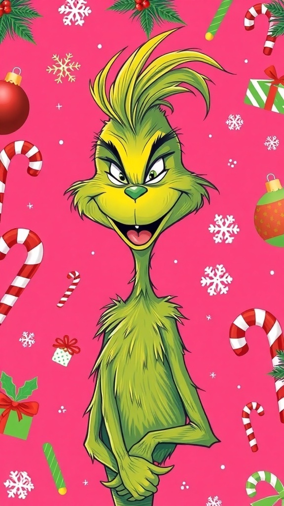 Pink Grinch wallpaper design with festive holiday motifs.